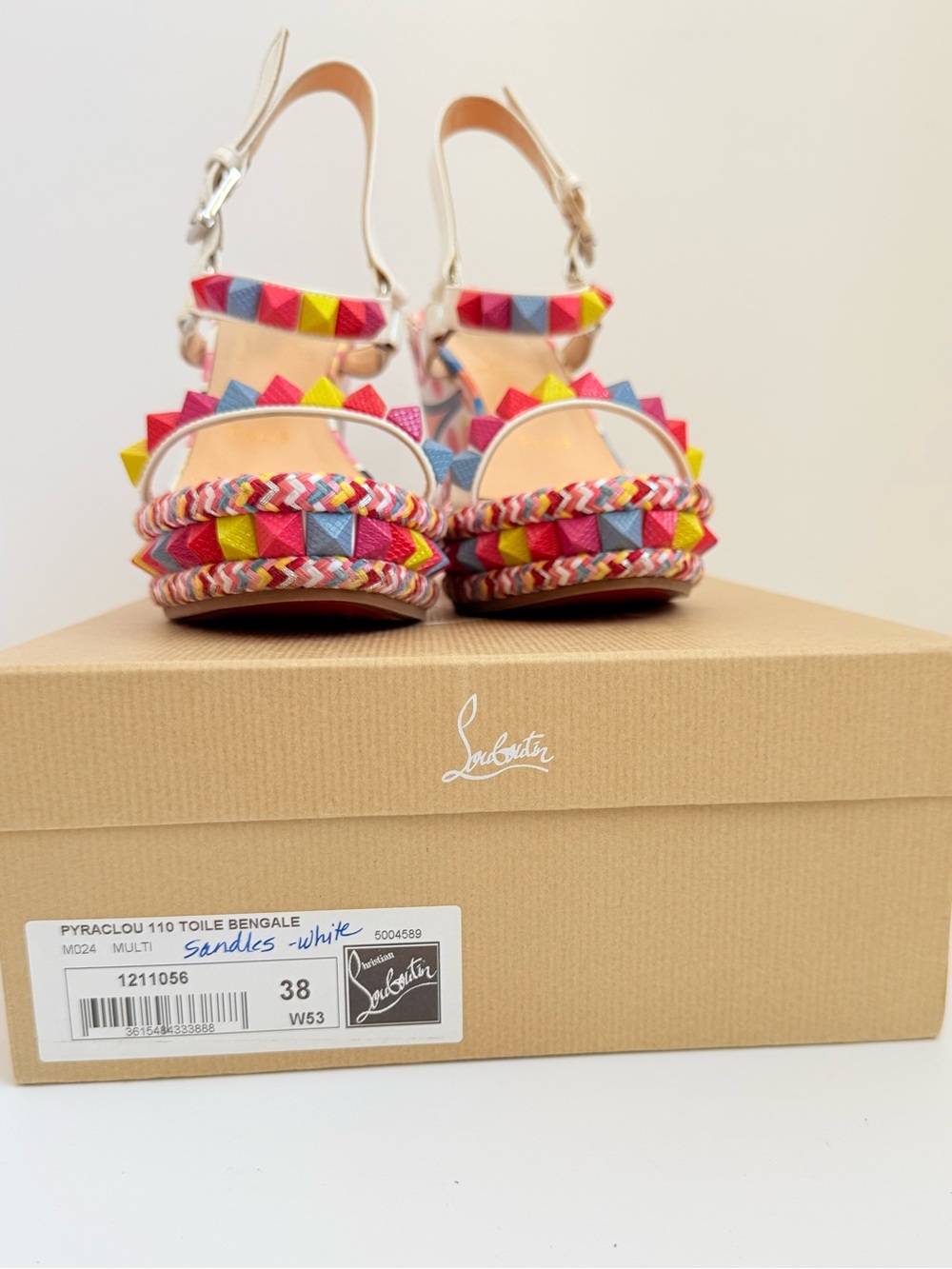 Christian Louboutin Pyraclou 110 Toile Bengale Multicolor Platform Wedge EU 38 - Picture 10 of 10